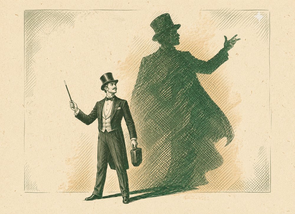 Vintage magician on stage casting a large commanding shadow